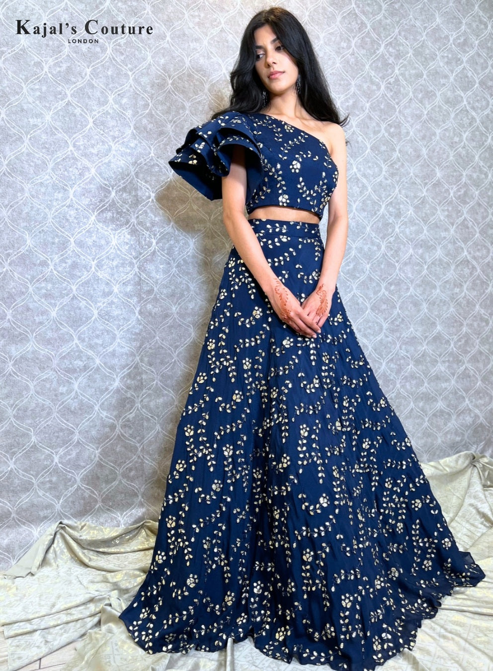 Statement Sleeve Navy Gota Lengha