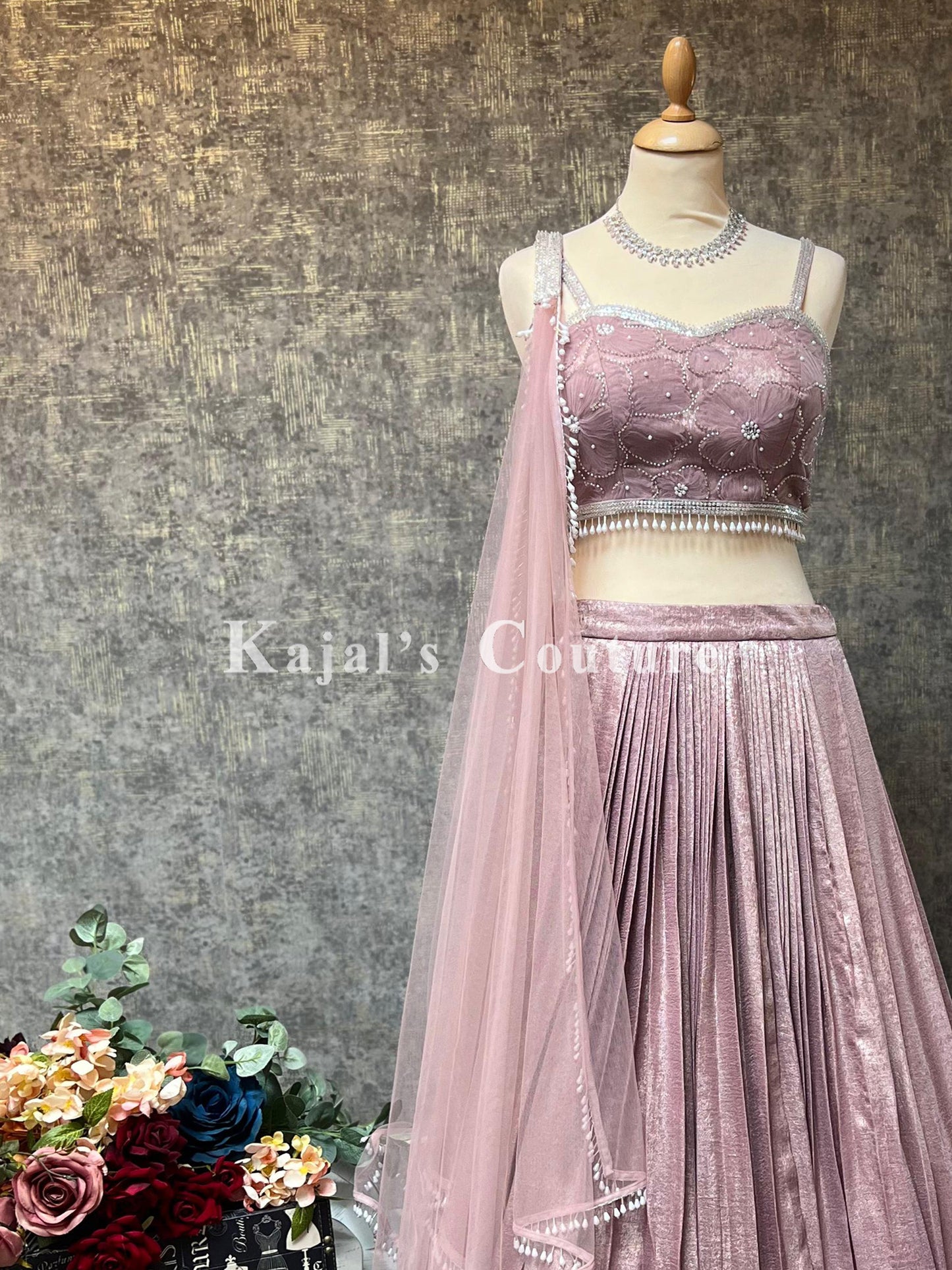 Pink Pleated Lehenga with Pearl