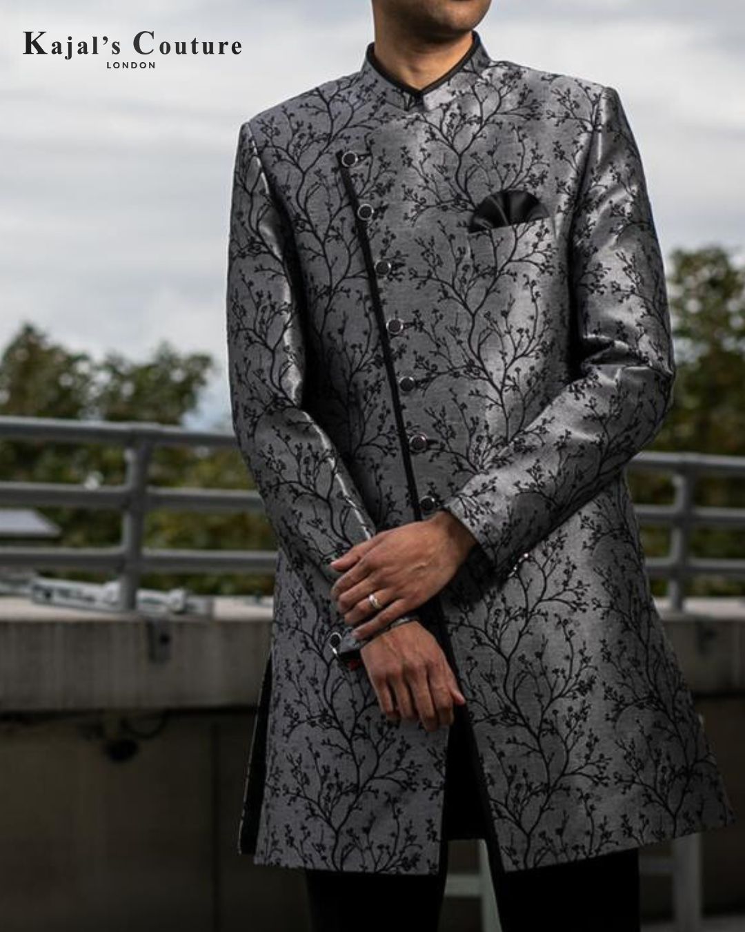 Grey Cross Over Lapel Sherwani
