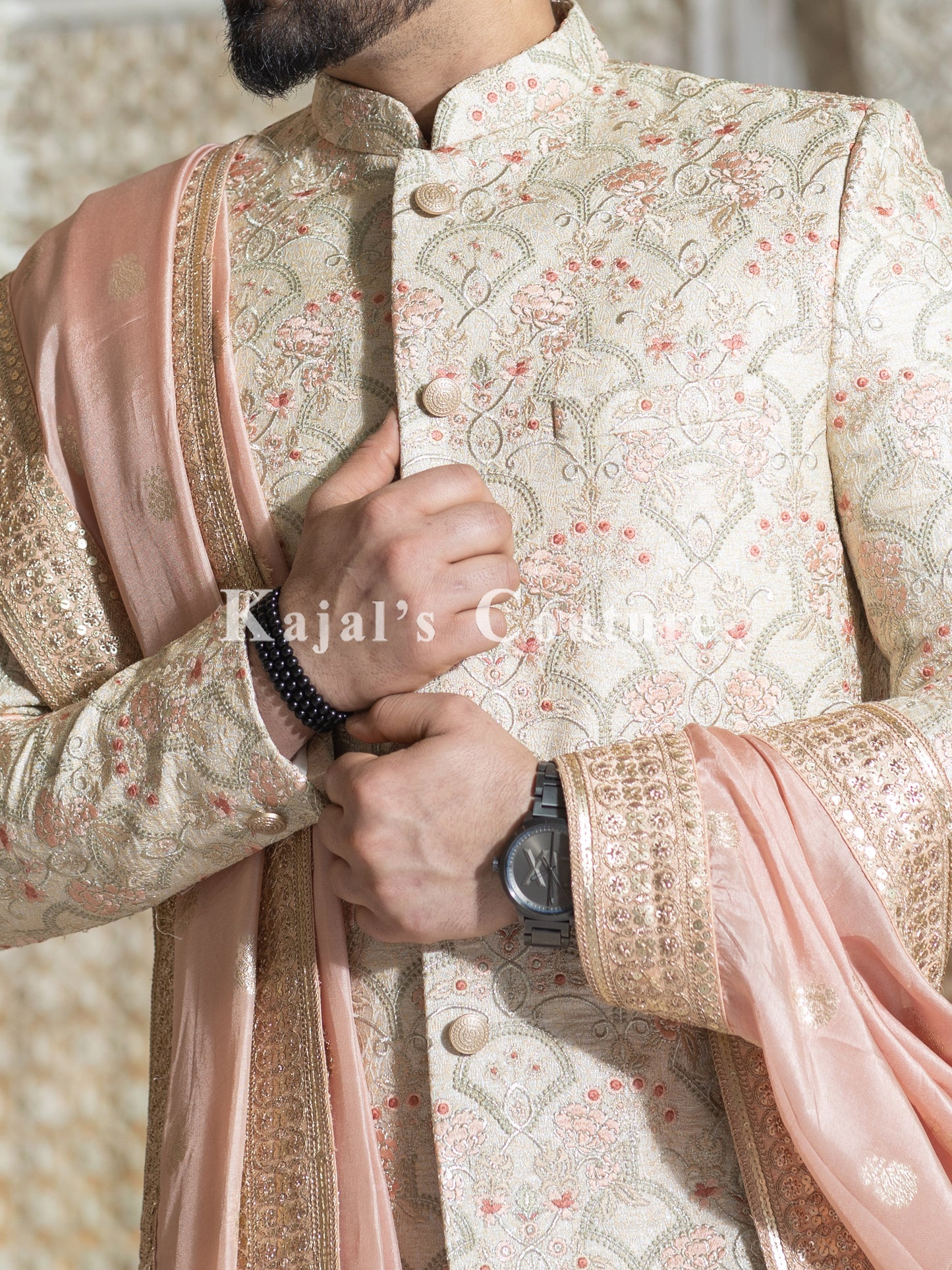 Pale Gold & Pink Embroidered Sherwani