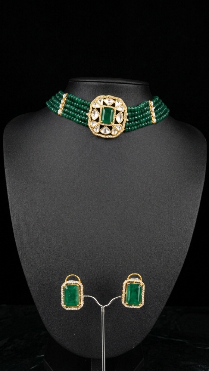 Emerald Beaded Choker and Stud Set
