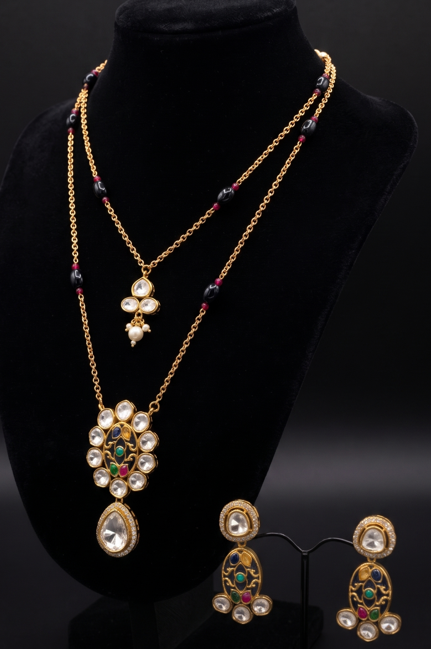 Layered Polki and Multicolored Gemstone Jewelry Set