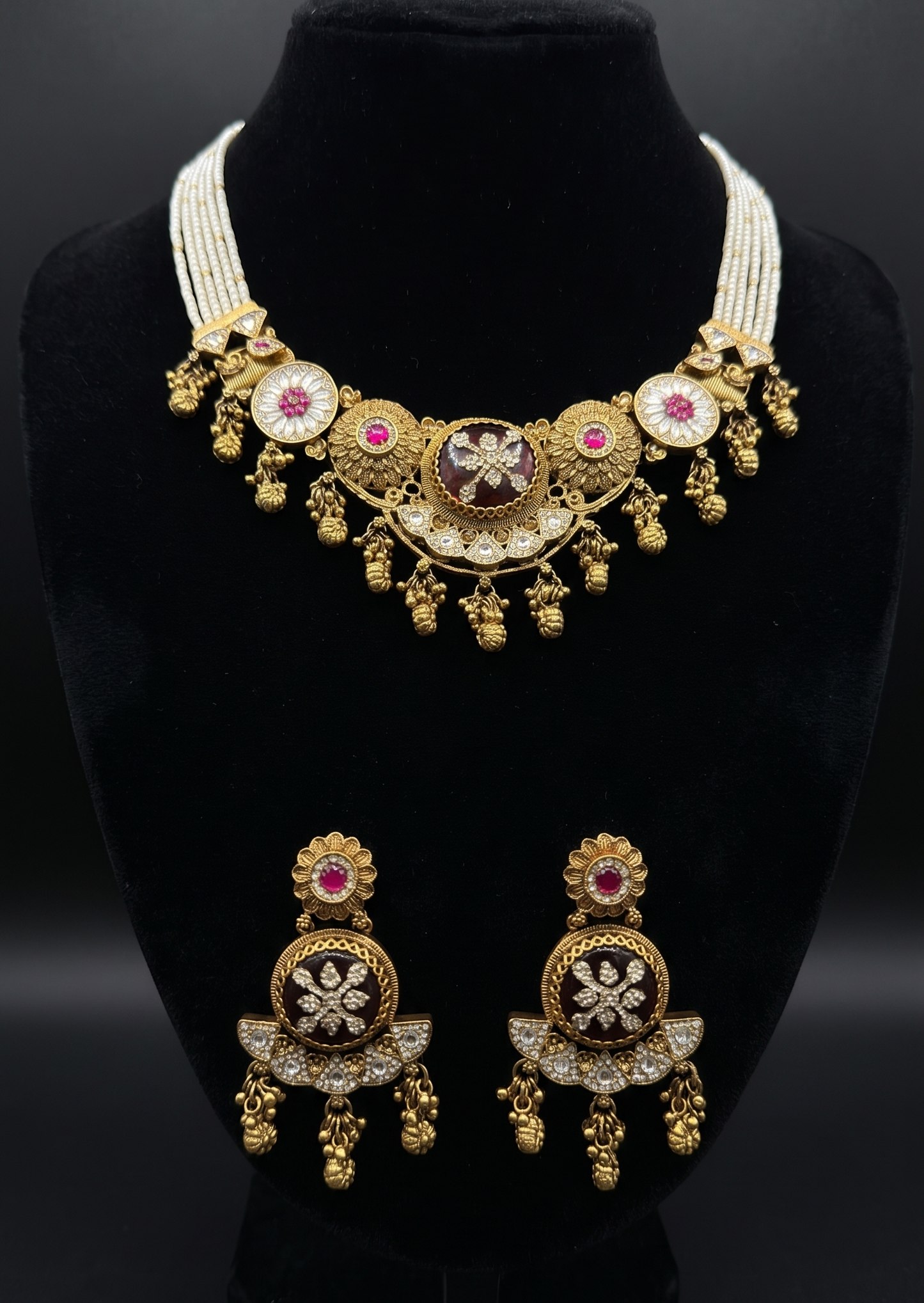 Ornate Enamel and Pearl Statement Jewelry Set