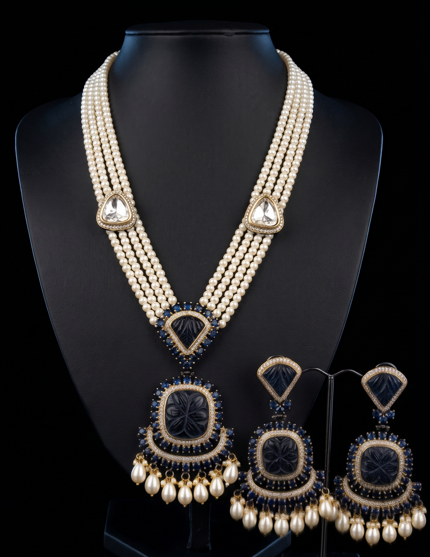 Elegant Pearl, Sapphire, and Carved Gemstone Jewelry Set