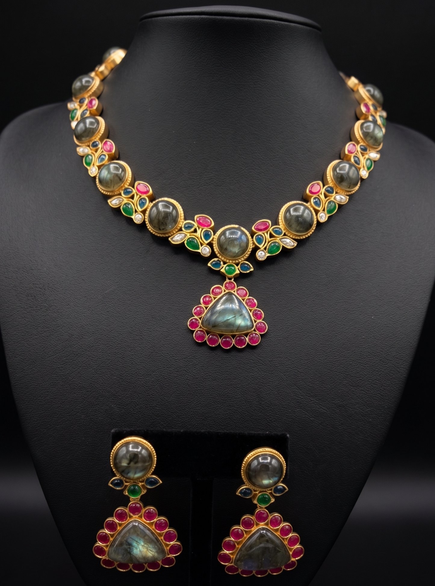 Vibrant Labradorite, Ruby, and Emerald Jewelry Set