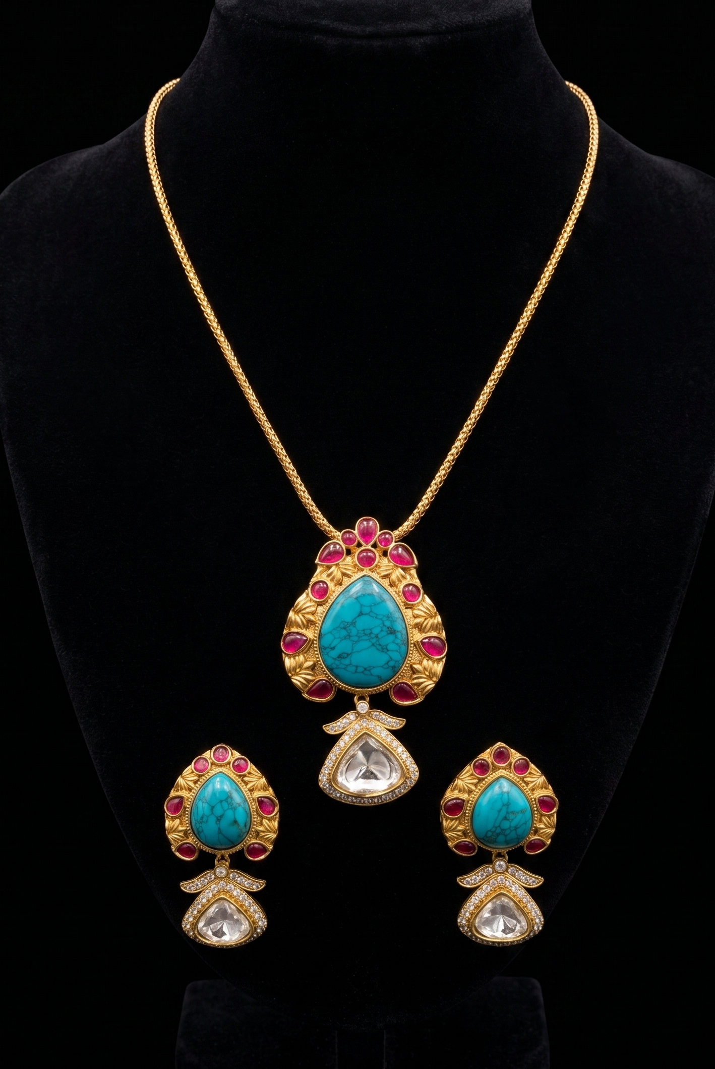 Vibrant Turquoise, Ruby, and Clear Stone Jewelry Set
