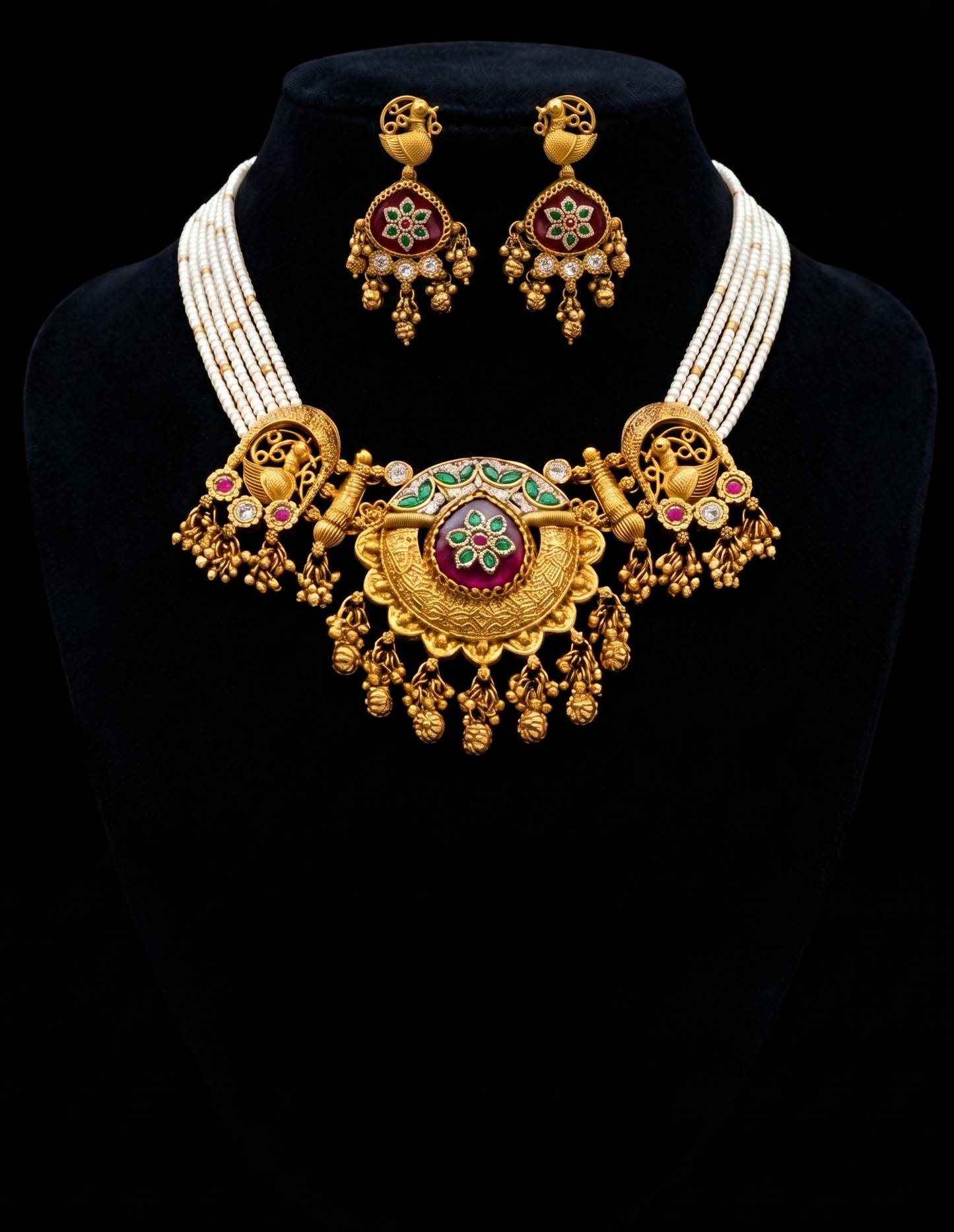 Ornate Peacock and Floral Pearl Jewelry Set