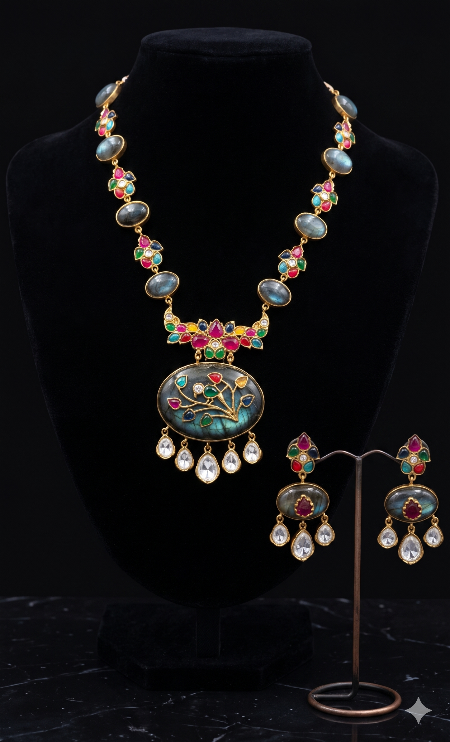 Colurful gemstone with Kundan Style Necklace