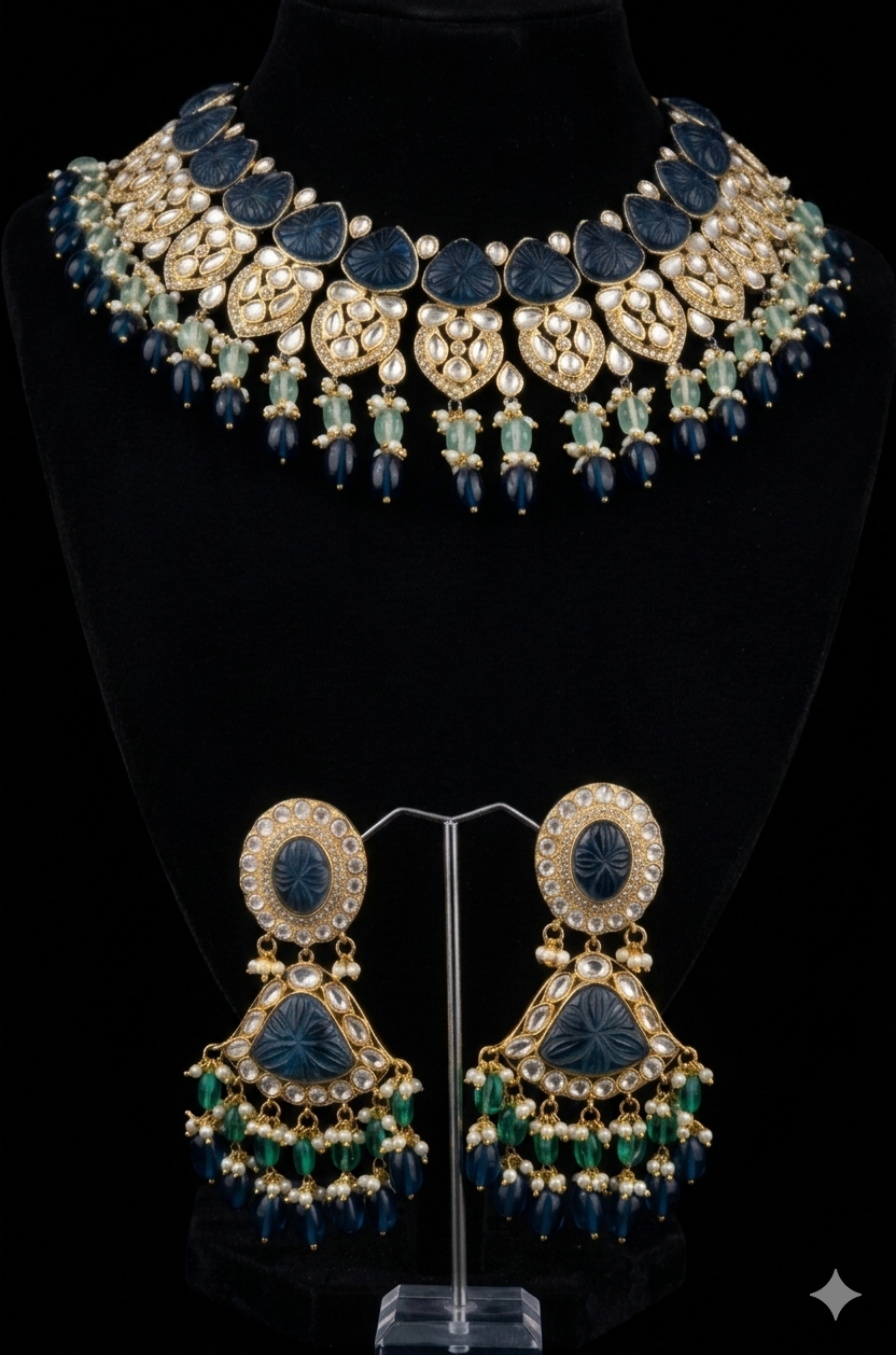 Royal Midnight Blue Floral Heritage Choker Set