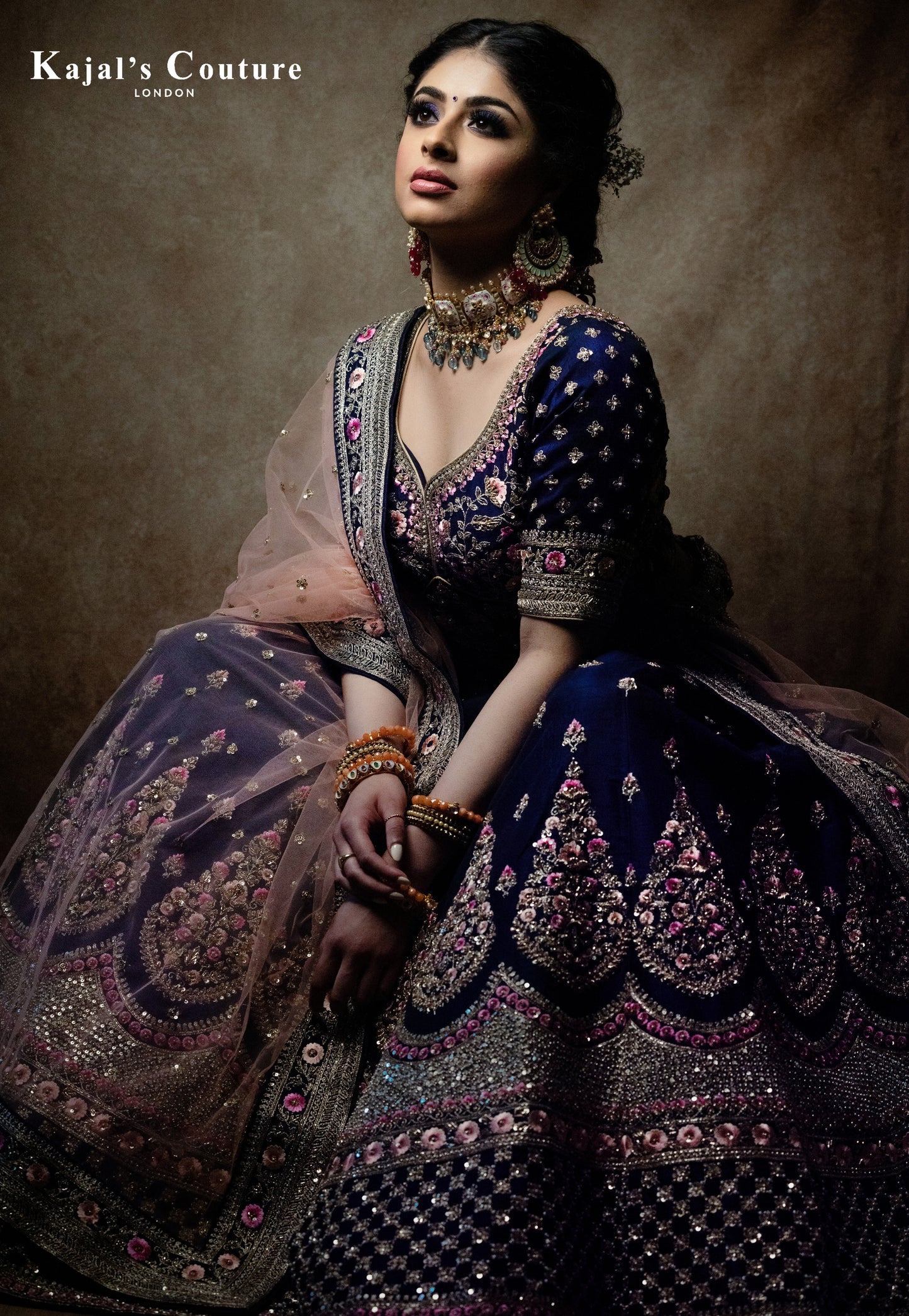 Navy & Pink Floral Lehenga - Couture Collection