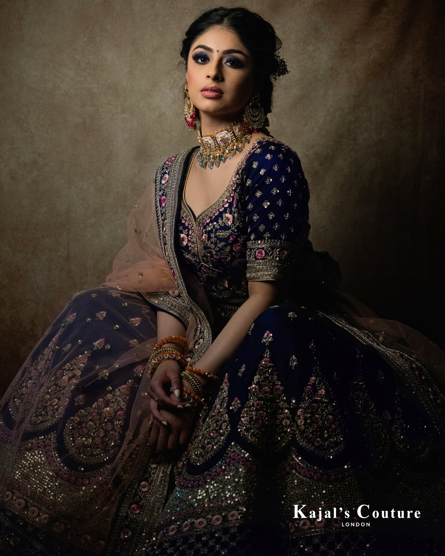 Navy & Pink Floral Lehenga - Couture Collection
