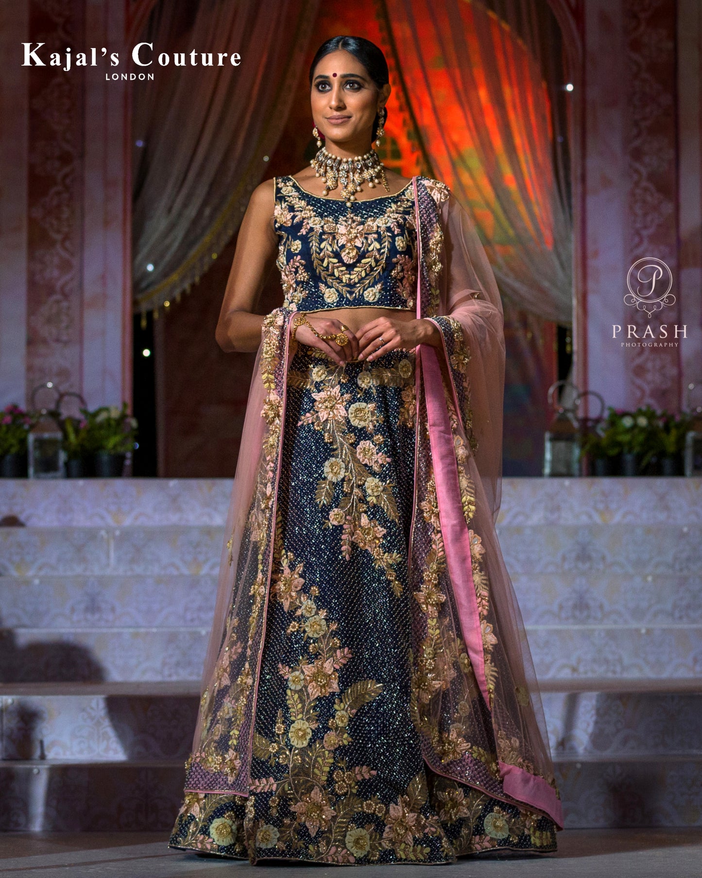 Navy & Pastel 3D Floral Lehenga - Couture Collection