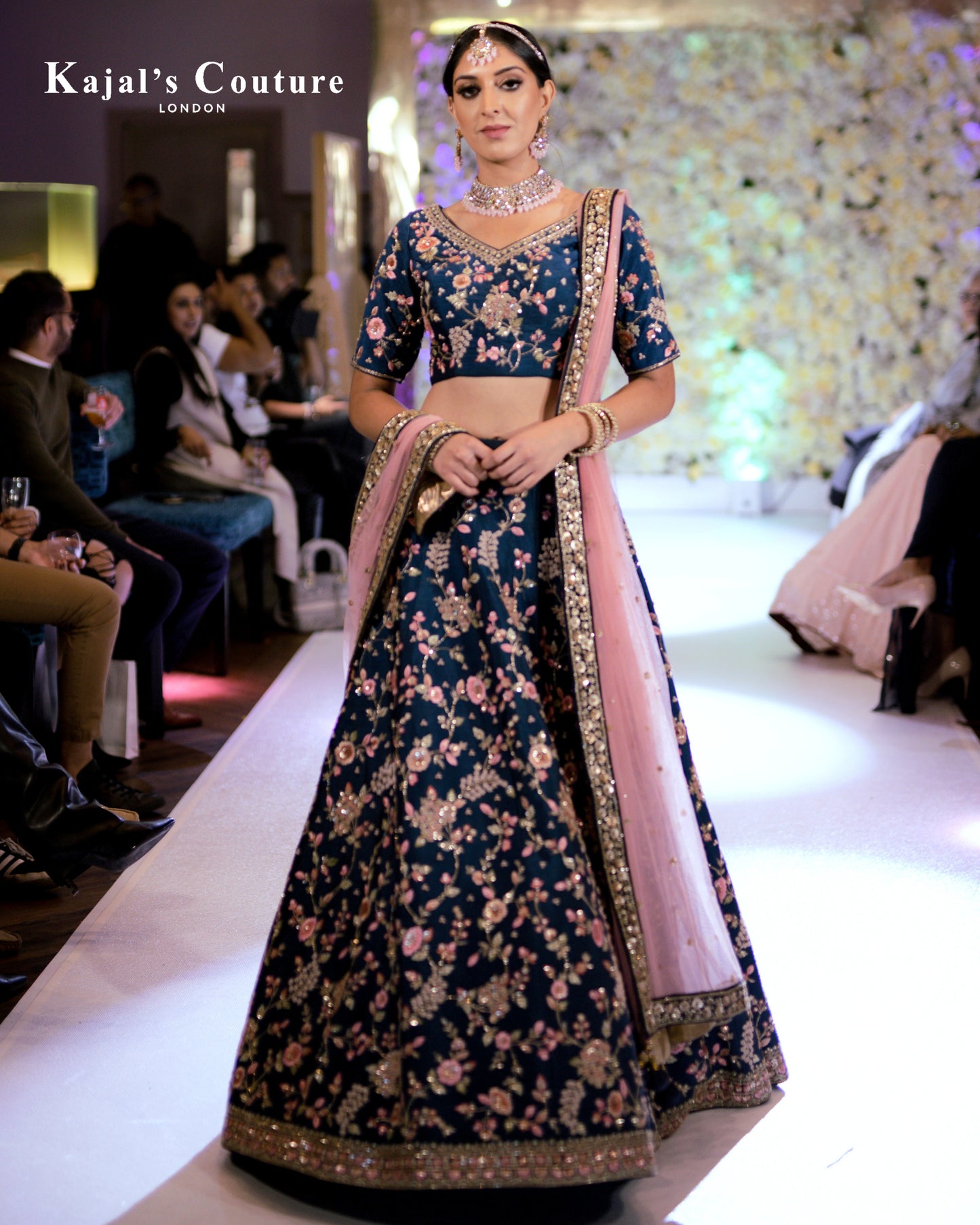 Dark Blue & Pink Floral Lehenga - Couture Collection