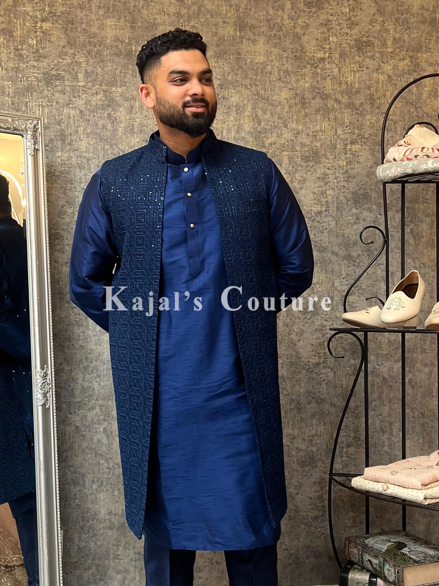 Navy Silk Long Waistcoat Set