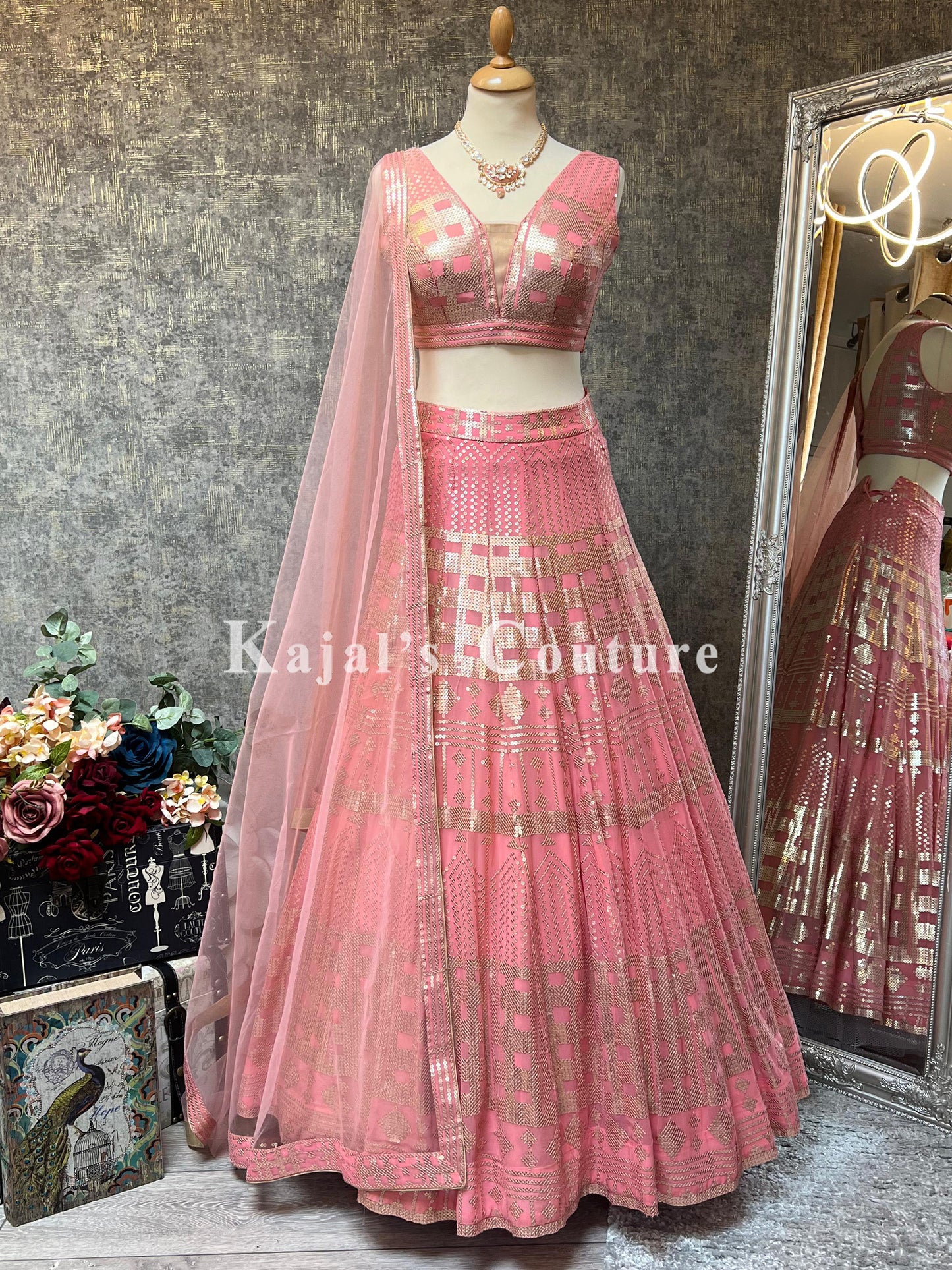 Coral & Gold Sequin Georgette Lehenga