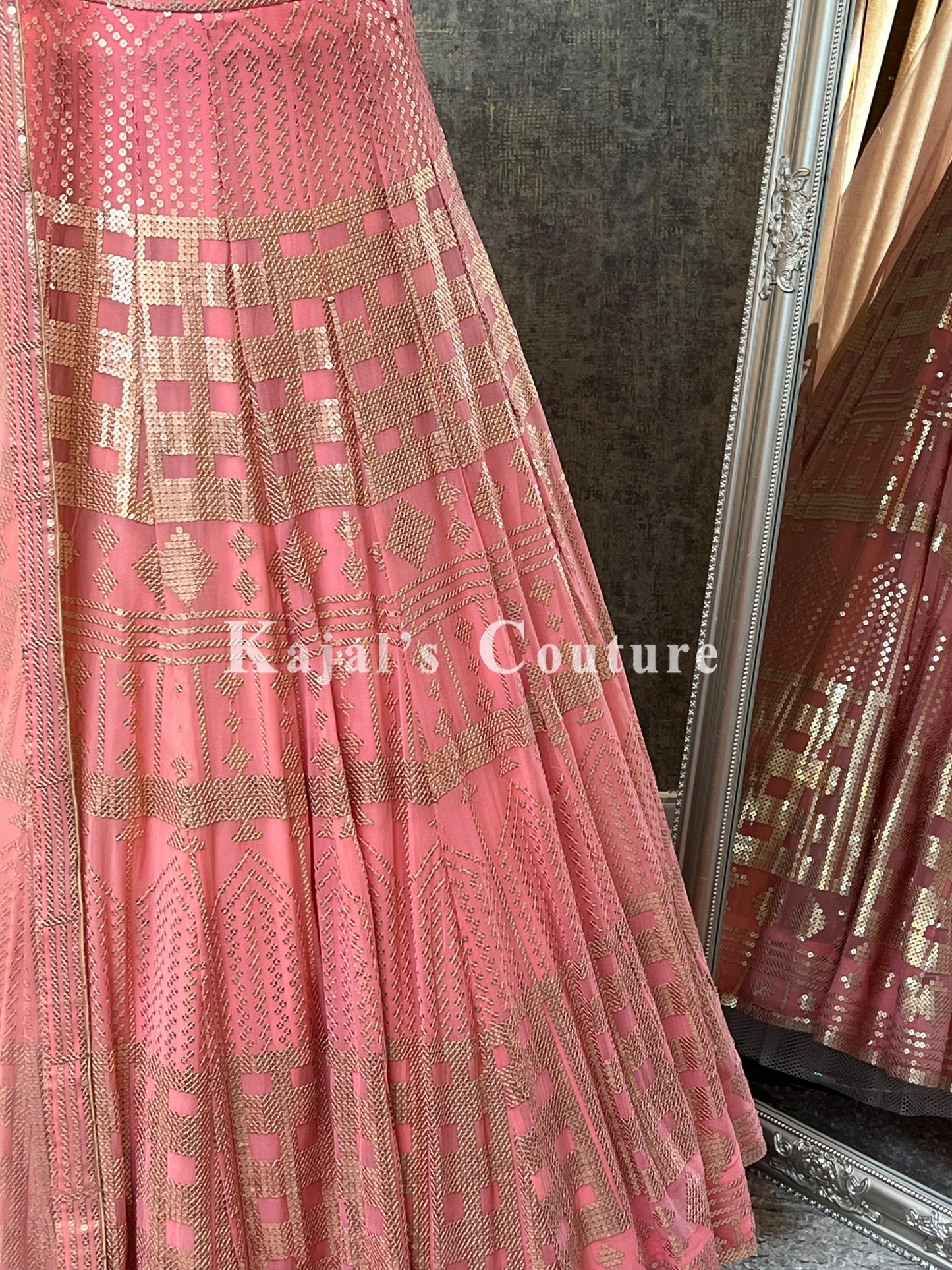 Coral & Gold Sequin Georgette Lehenga