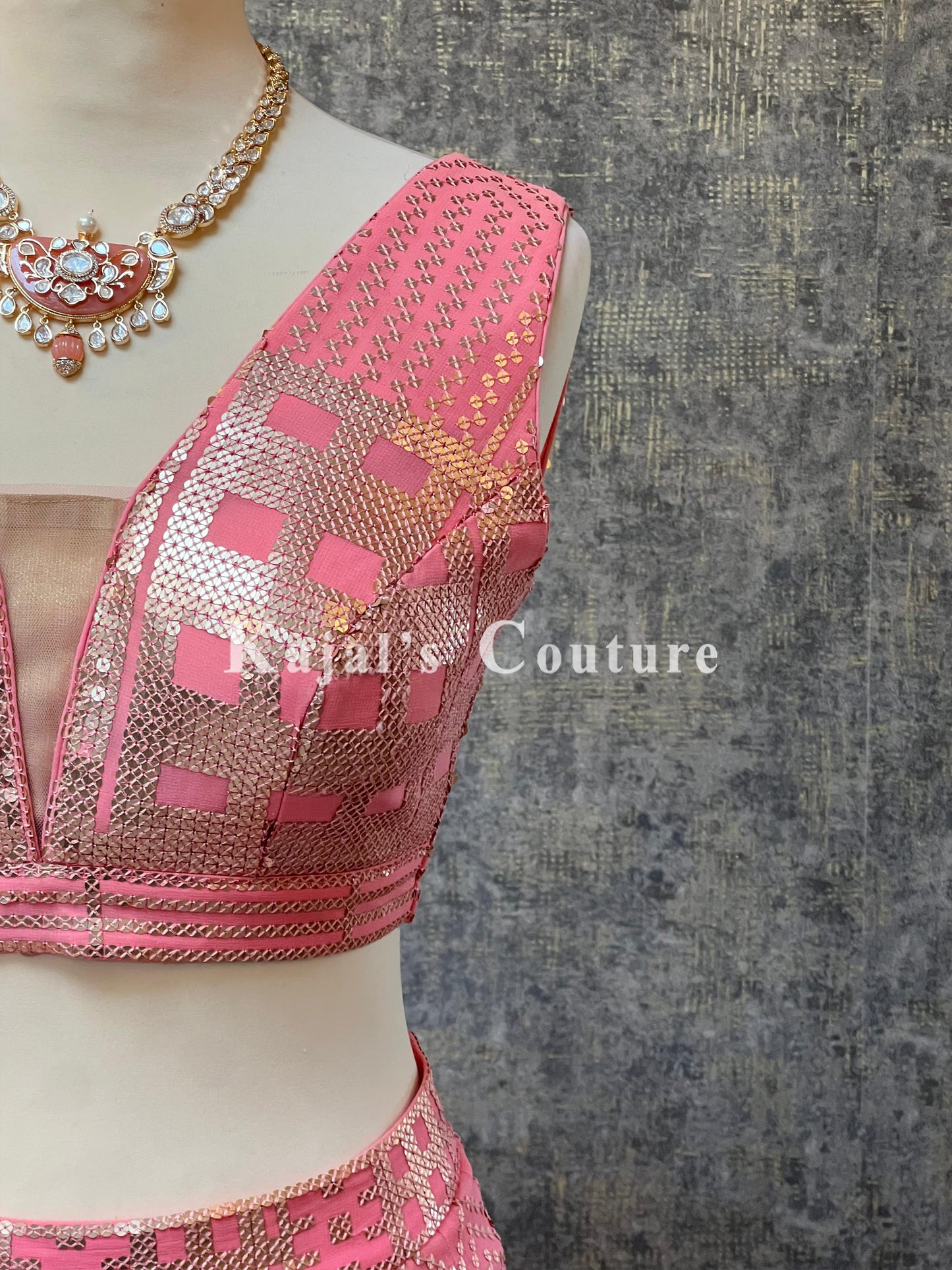 Coral & Gold Sequin Georgette Lehenga