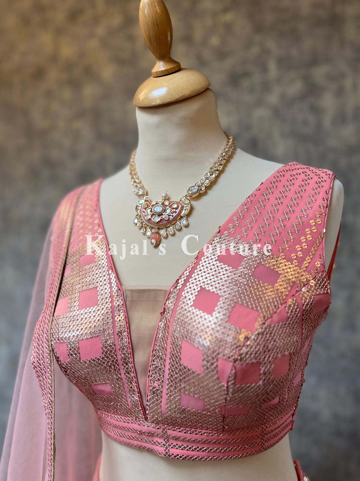 Coral & Gold Sequin Georgette Lehenga