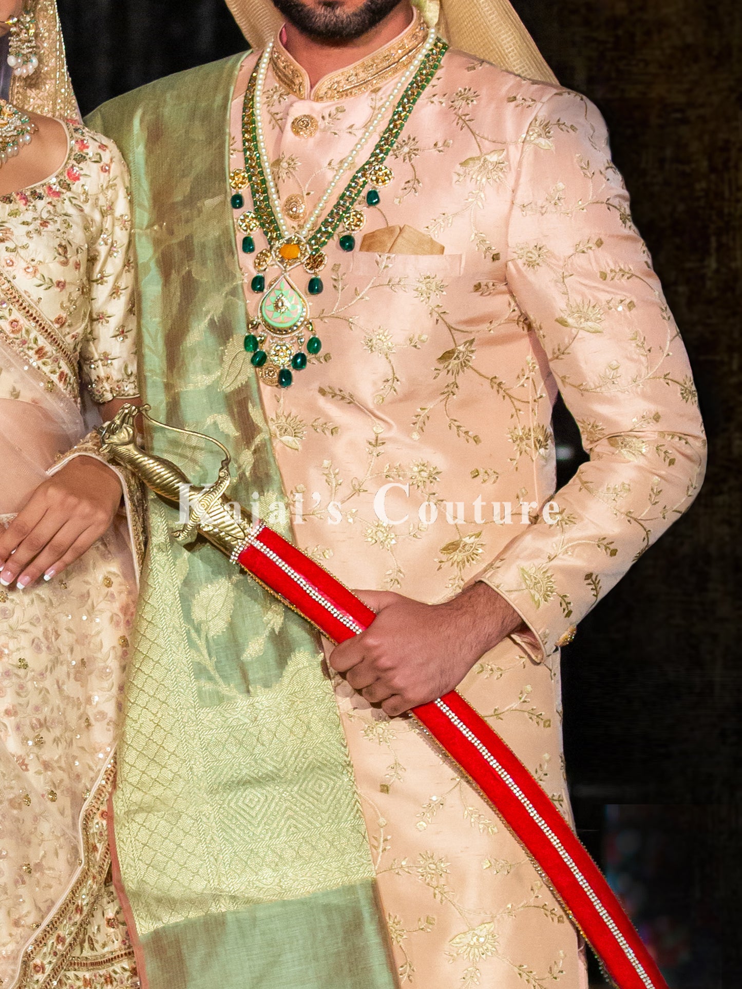 Pink Sherwani with Gold Leaf Embroidery
