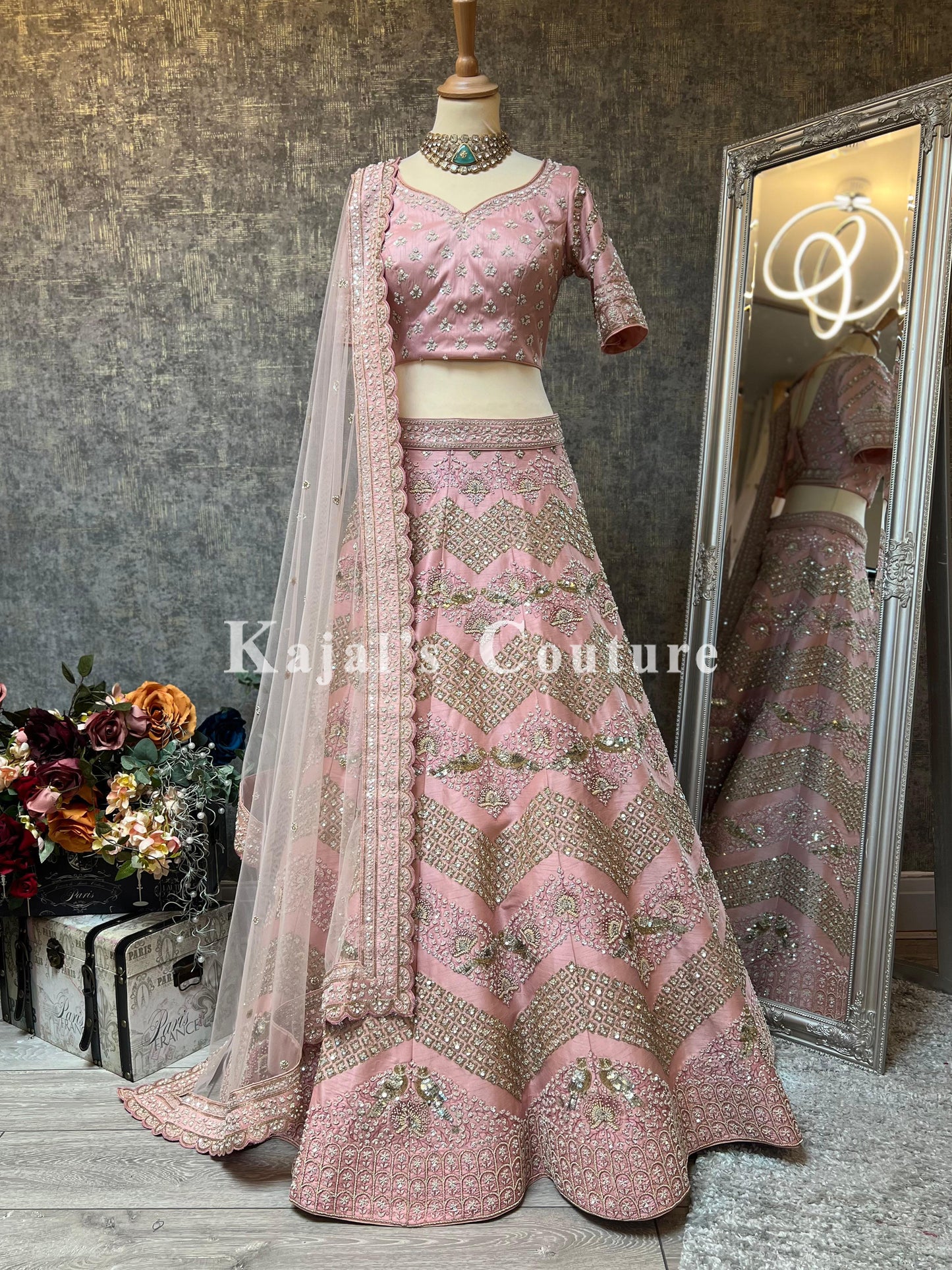 Light Pink Chevron Embroidered Lehenga - Couture Collection