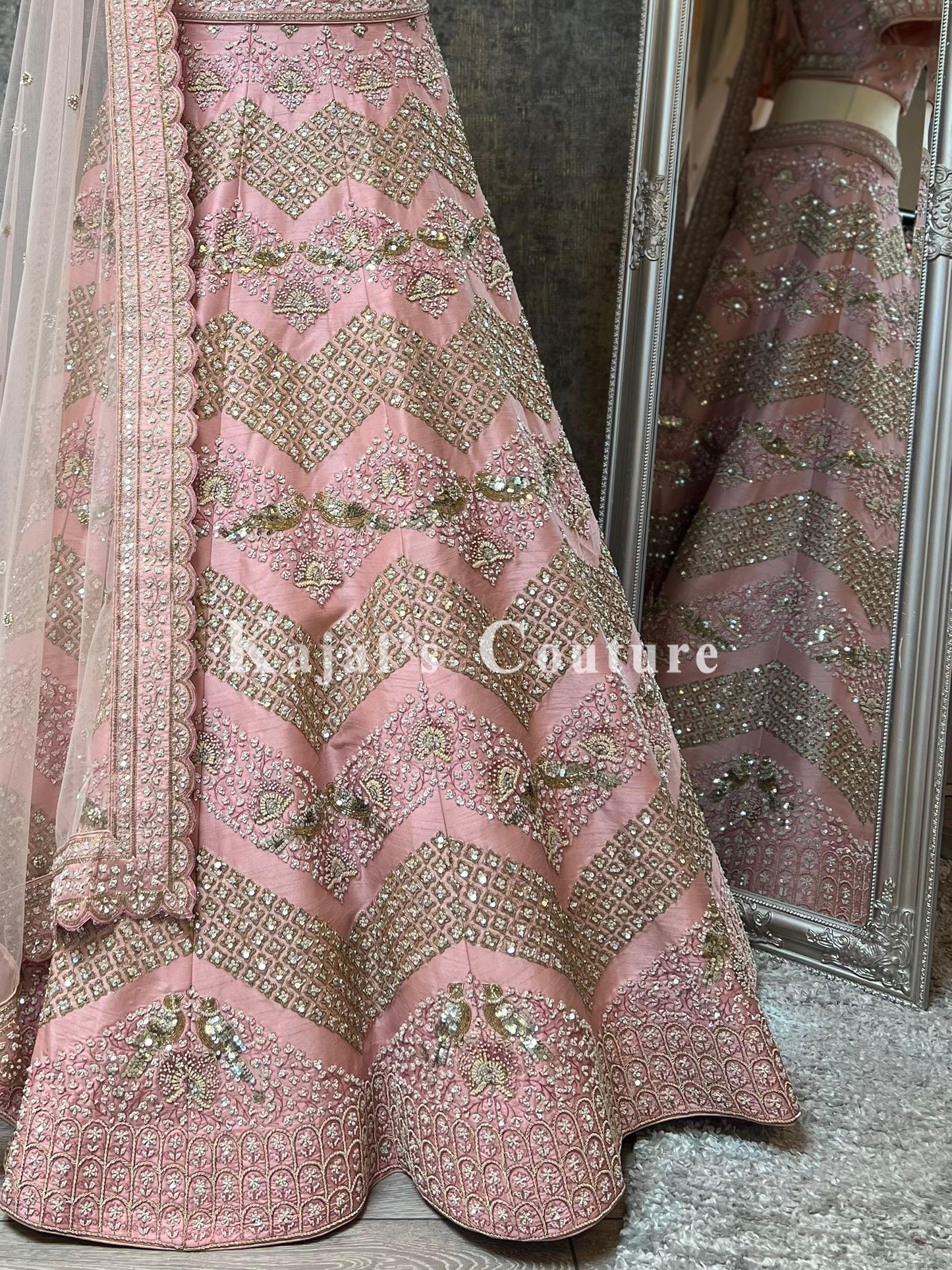 Light Pink Chevron Embroidered Lehenga - Couture Collection