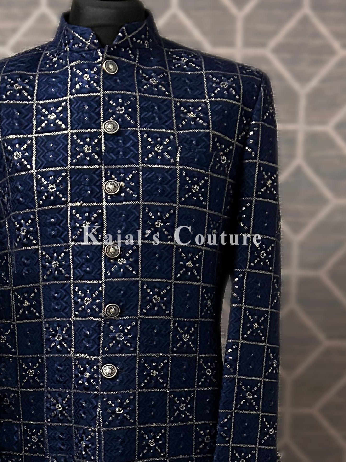 Navy Lucknowi Sherwani with Gold Sequin Work