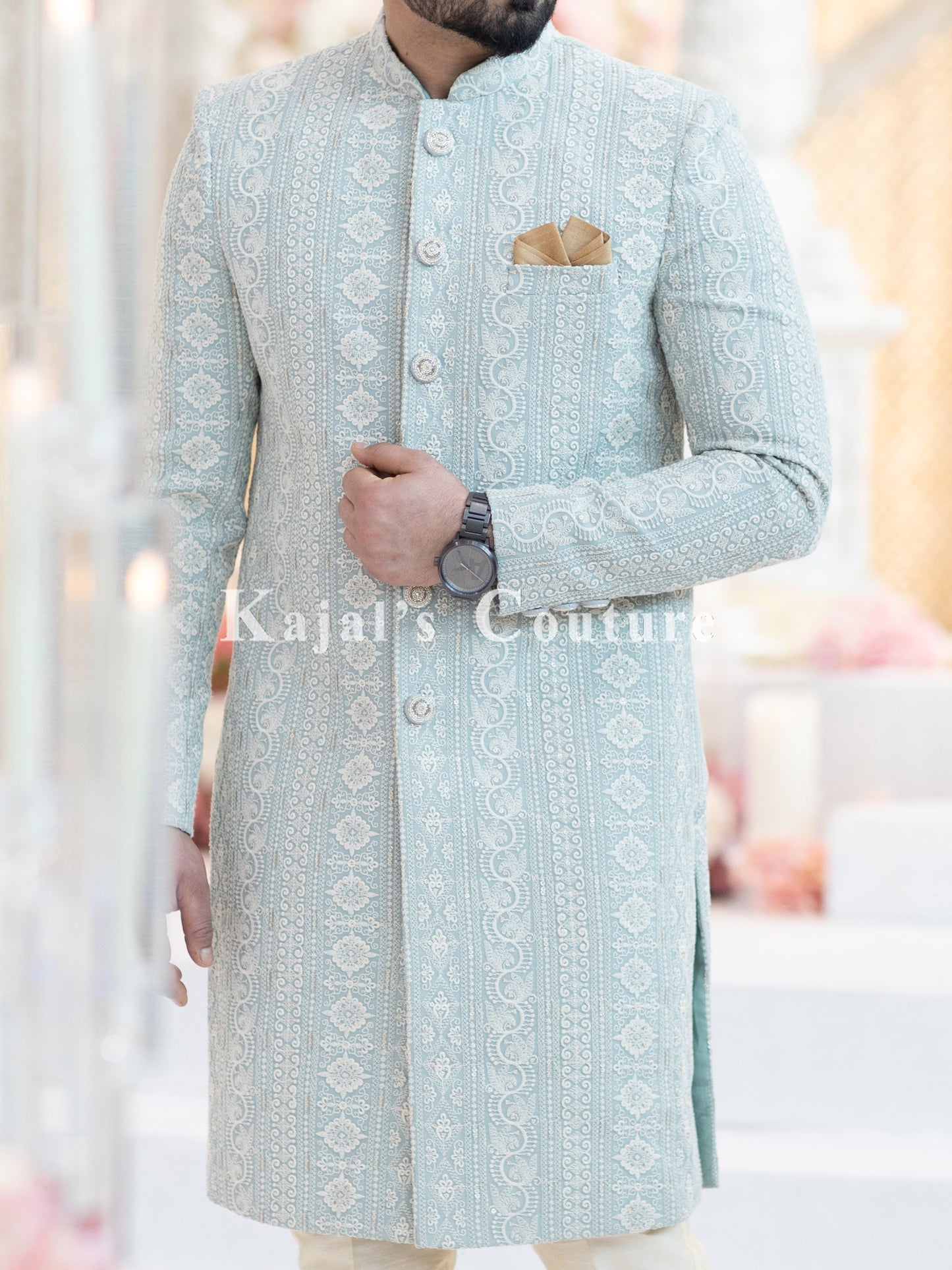 Pastel Blue Luckowi Sherwani