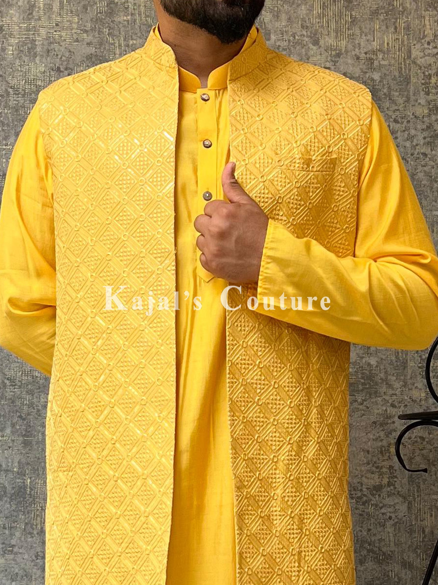 Yellow Silk Long Waistcoat Set