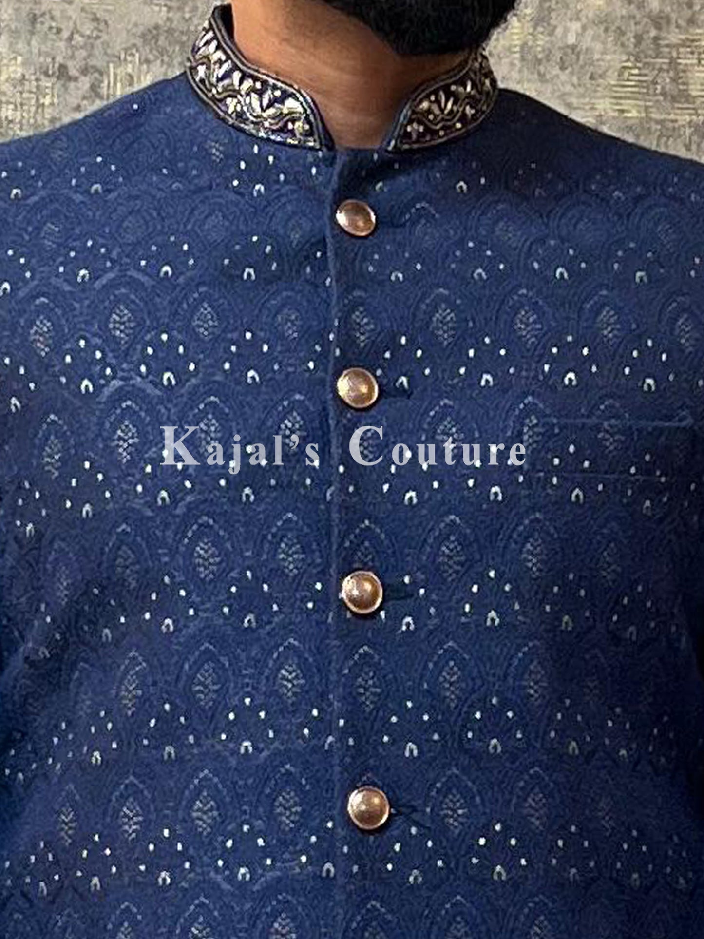 Dark Blue Woven Sherwani