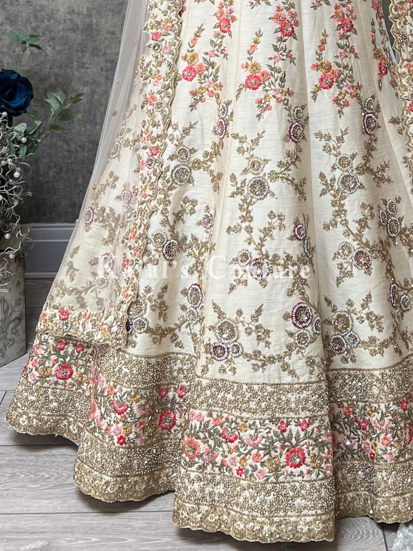 Ivory Floral & Antique Bridal Lehenga - Couture Collection