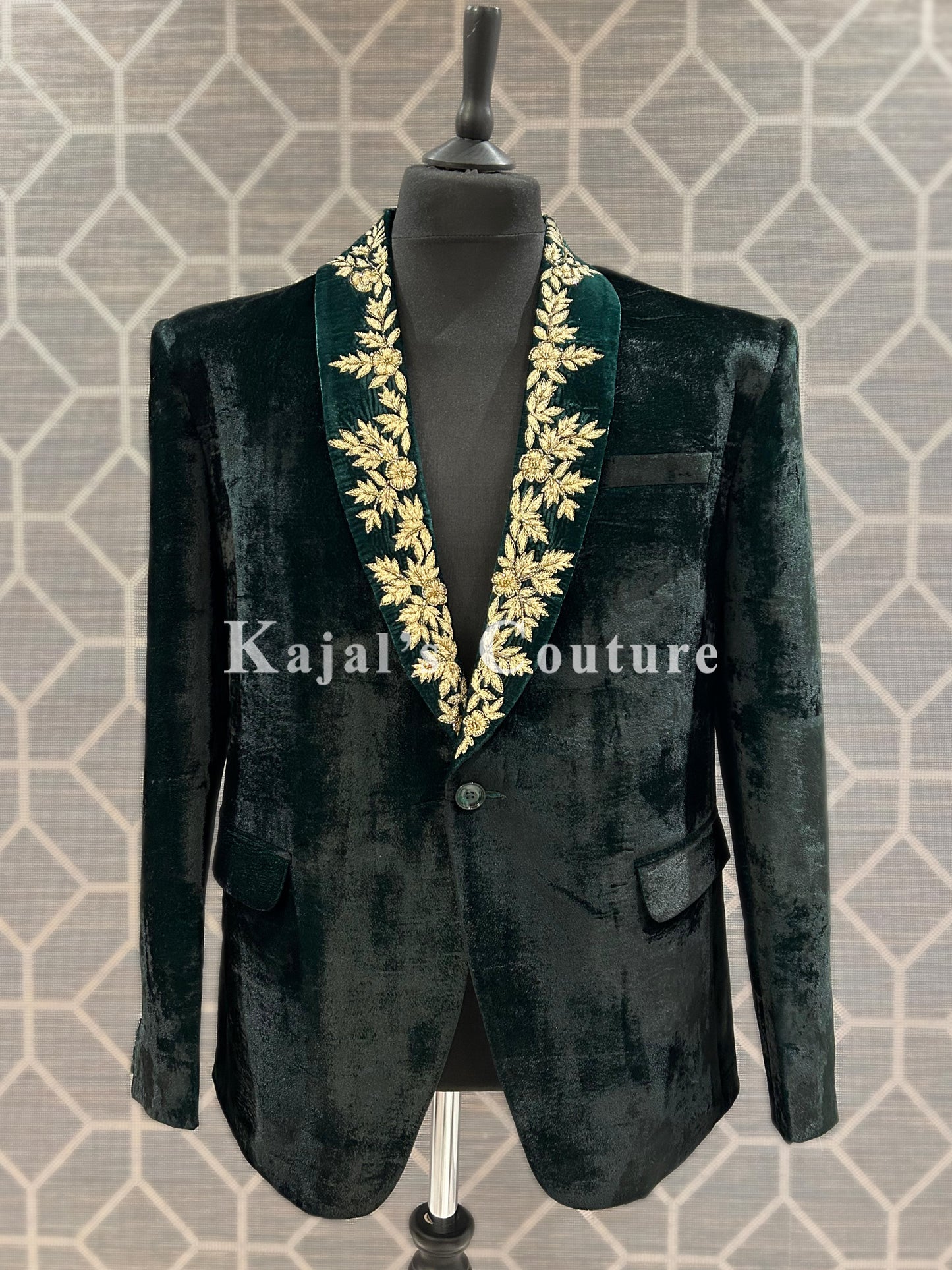 Green Velvet Tux Jacket with Embroidered Lapel