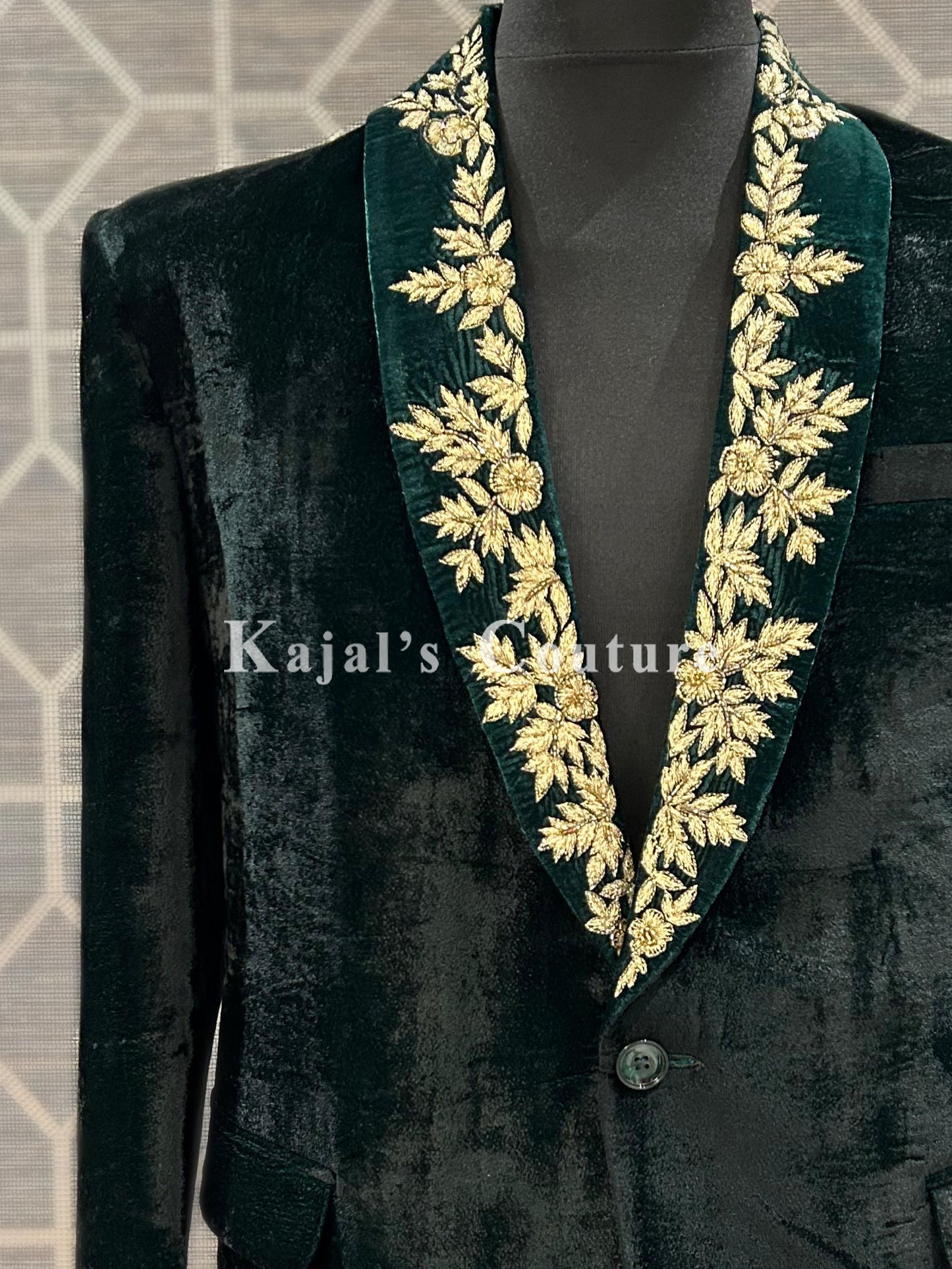 Green Velvet Tux Jacket with Embroidered Lapel