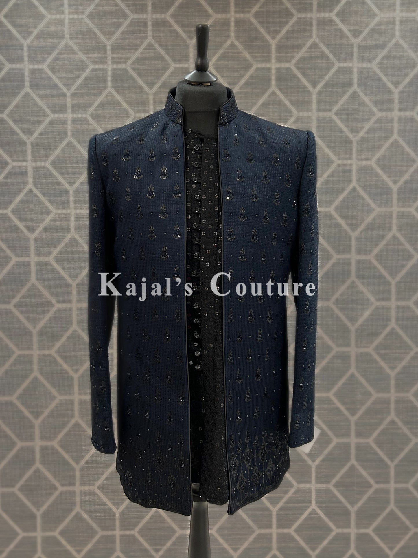 Indo Western Navy & Black Jacket & Kurta Set