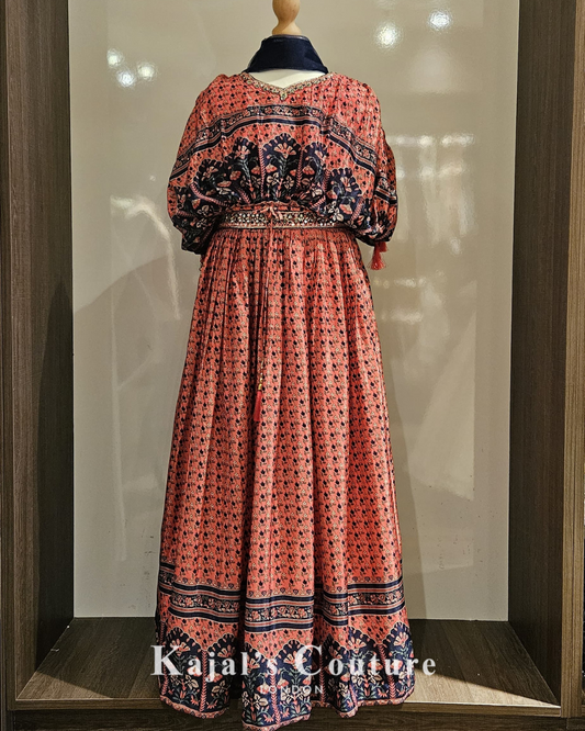 Pink and navy printed lengha