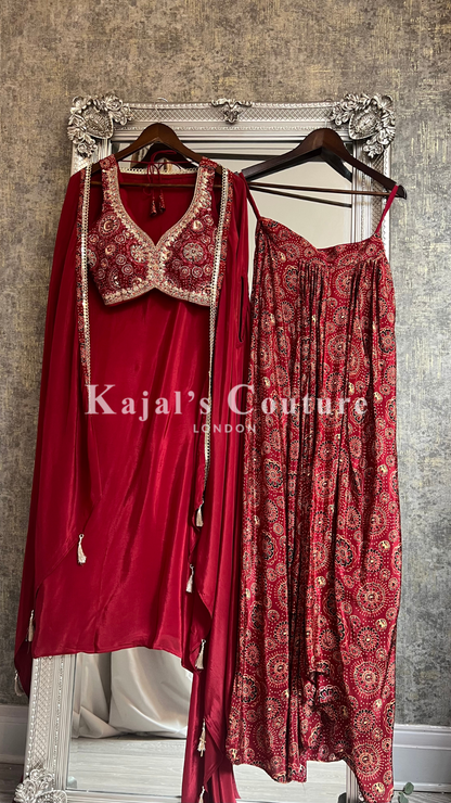 Red dhoti skirt cape set