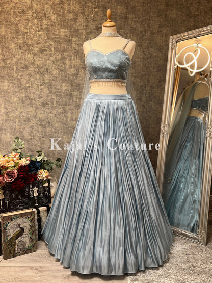 Baby Blue Pleated Lehenga with Pearl