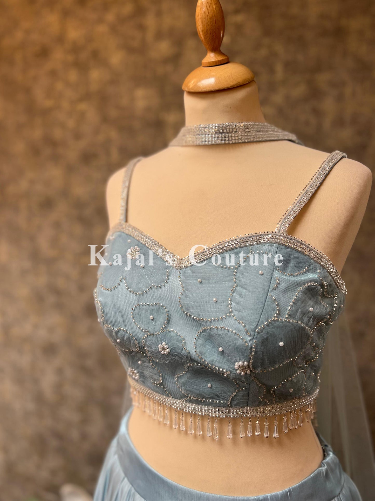 Baby Blue Pleated Lehenga with Pearl