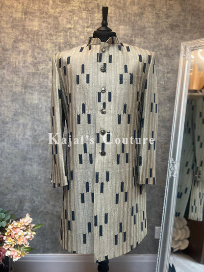 Dull Gold & Navy Pattern Sherwani