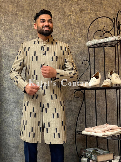 Dull Gold & Navy Pattern Sherwani