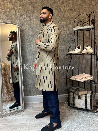 Dull Gold & Navy Pattern Sherwani