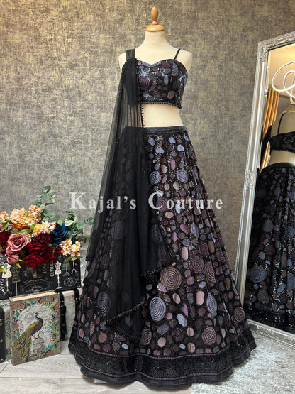 Black & Purple Circle Sequin Lehenga