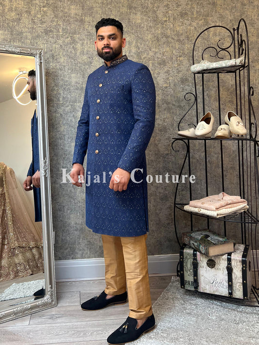 Dark Blue Woven Sherwani