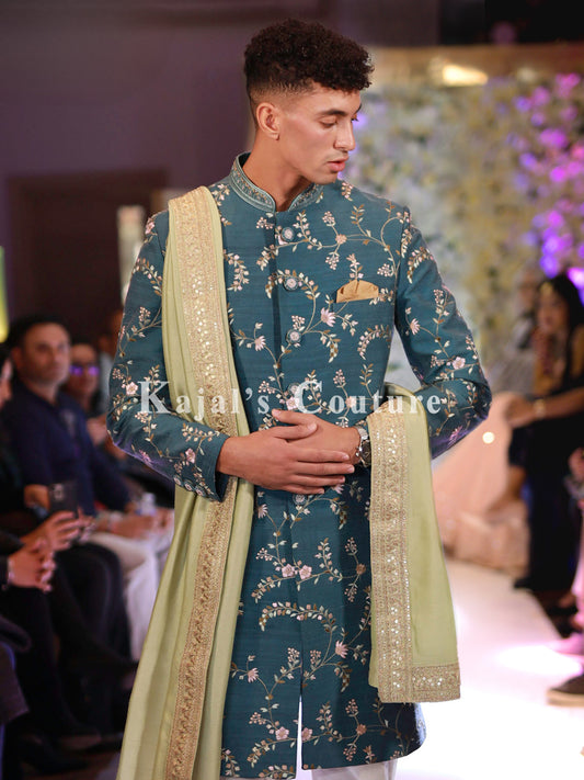 Blue Floral Embroidered Sherwani