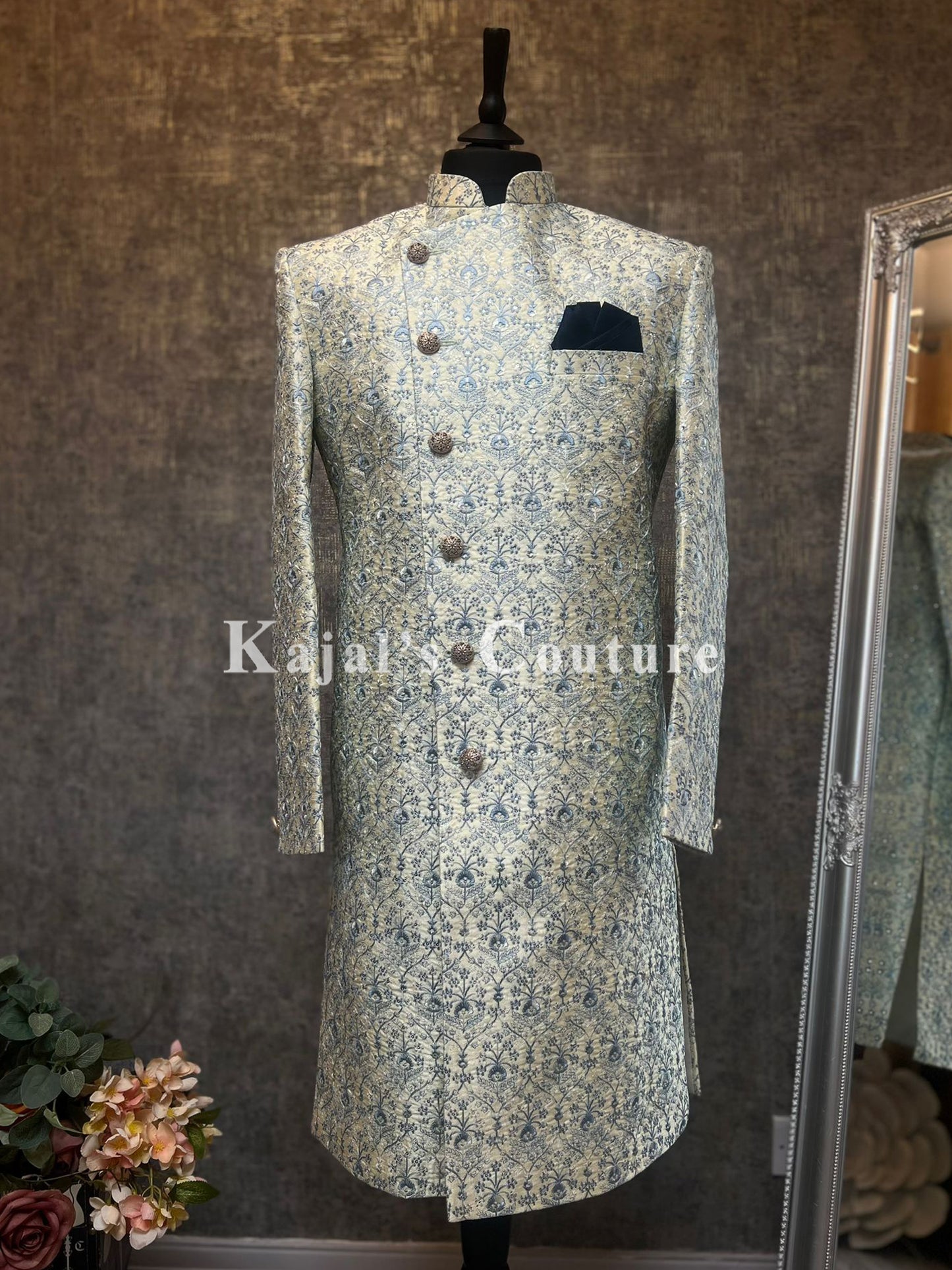 Cream & Blue Embroidered Crossover Lapel Sherwani