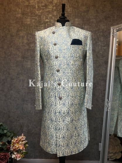 Cream & Blue Embroidered Crossover Lapel Sherwani