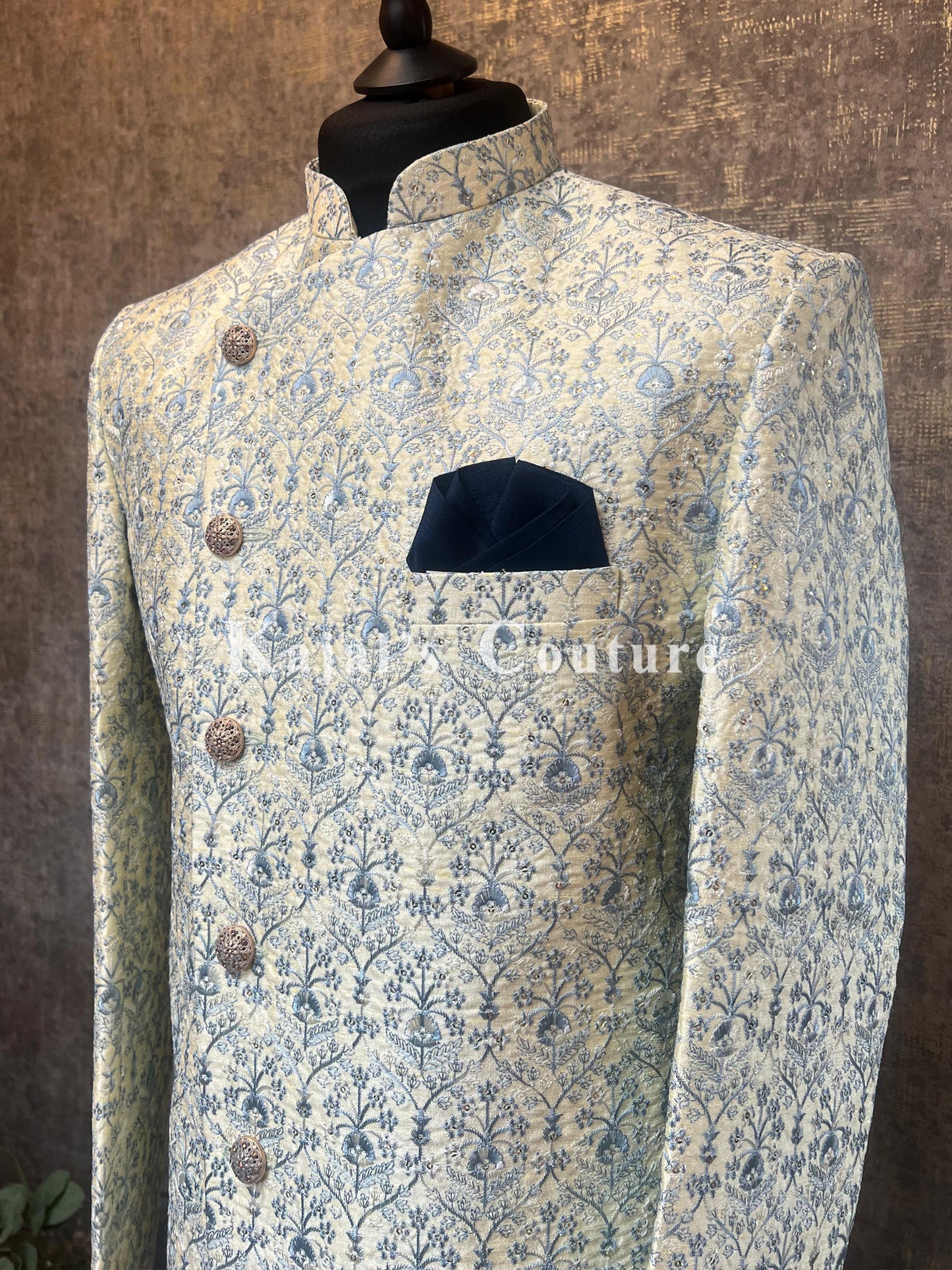 Cream & Blue Embroidered Crossover Lapel Sherwani