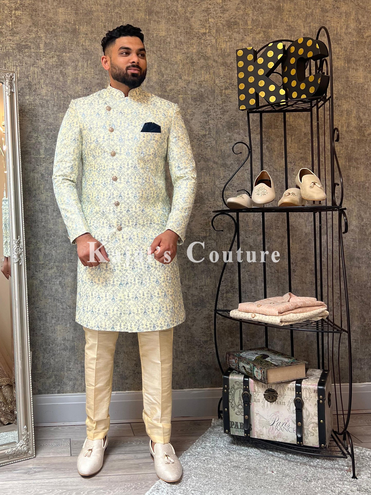 Cream & Blue Embroidered Crossover Lapel Sherwani