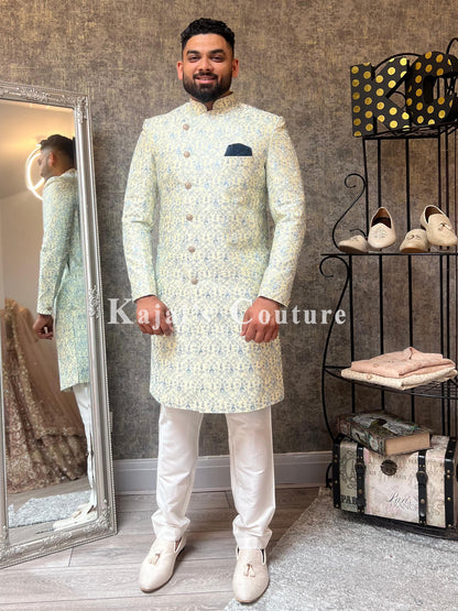 Cream & Blue Embroidered Crossover Lapel Sherwani