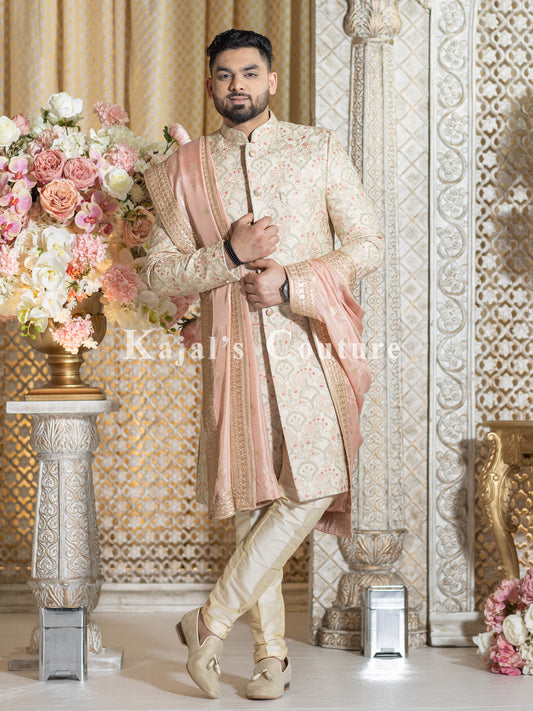 Pale Gold & Pink Embroidered Sherwani