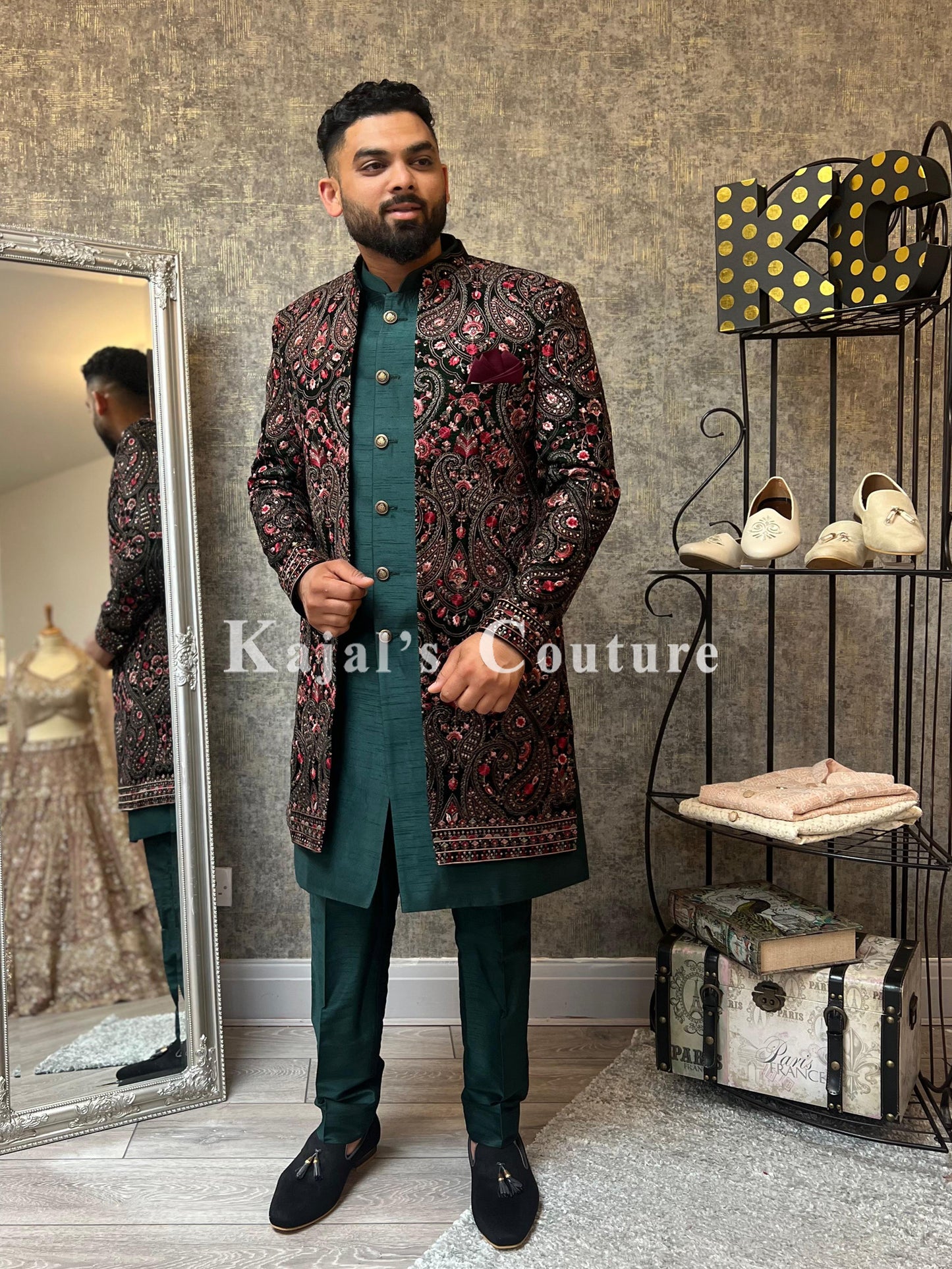 Velvet Embroidered Nawabi Jacket Set